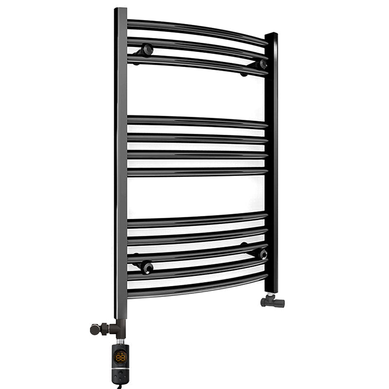 Small Dual Fuel 400mm x 700mm Matt Matt Black Curved Heated Towel Rail - (incl. Valves + Electric Heating Kit)