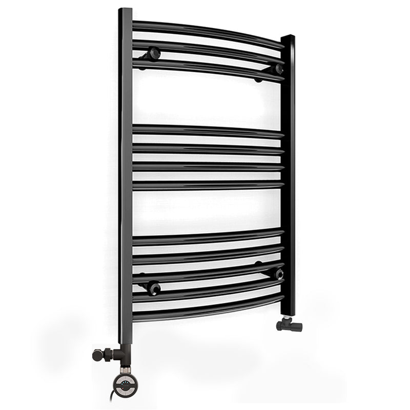 Small Dual Fuel 450mm x 700mm Matt Matt Black Curved Heated Towel Rail - (incl. Valves + Electric Heating Kit)