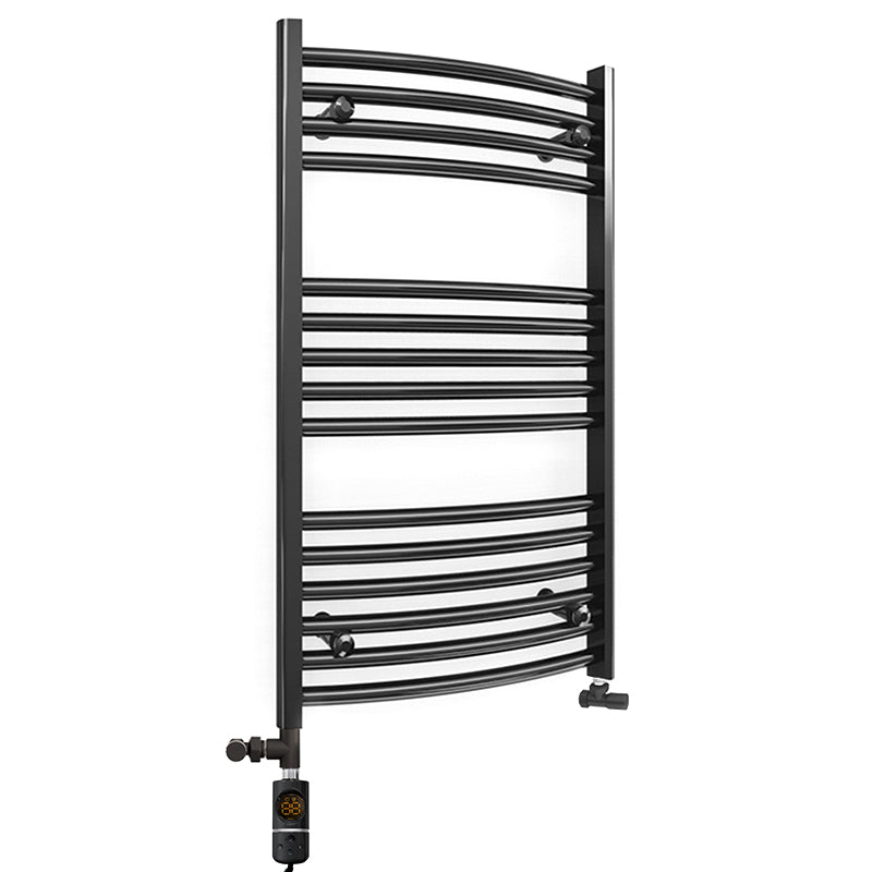 Small Dual Fuel 400mm x 800mm Matt Matt Black Curved Heated Towel Rail - (incl. Valves + Electric Heating Kit)