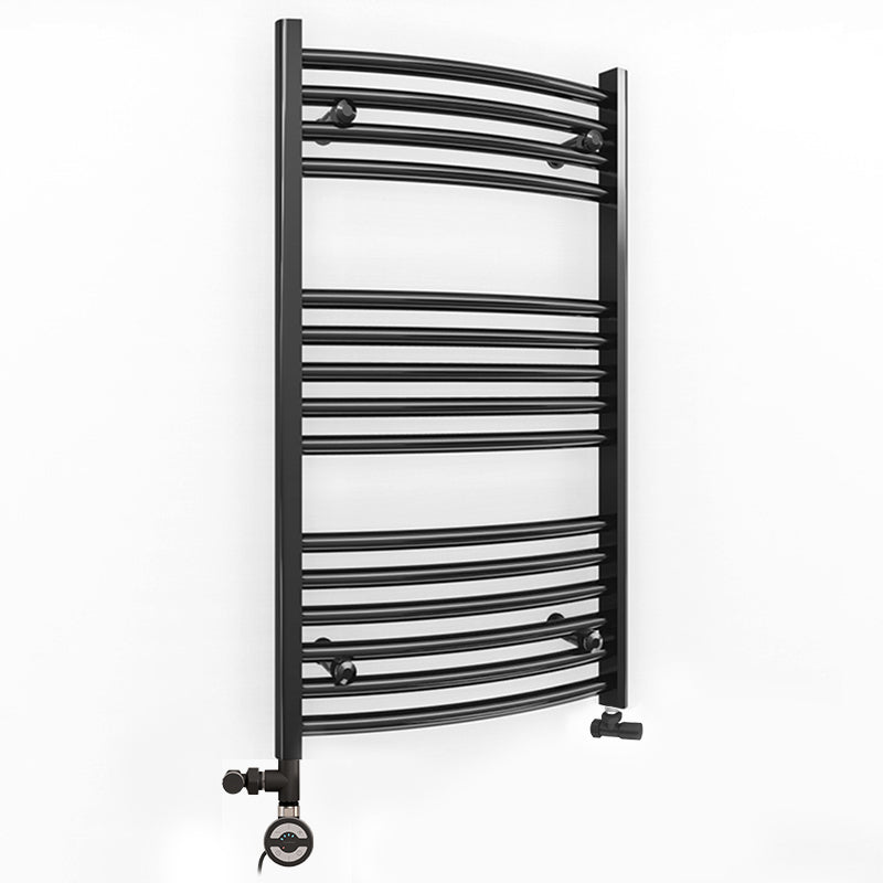 Small Dual Fuel 400mm x 800mm Matt Matt Black Curved Heated Towel Rail - (incl. Valves + Electric Heating Kit)