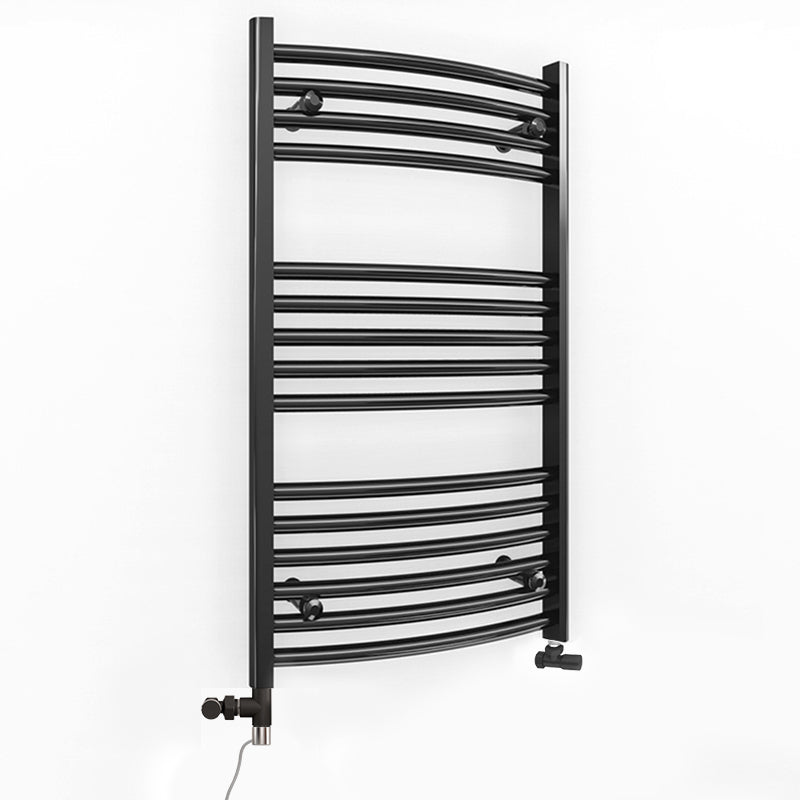 Small Dual Fuel 400mm x 800mm Matt Matt Black Curved Heated Towel Rail - (incl. Valves + Electric Heating Kit)