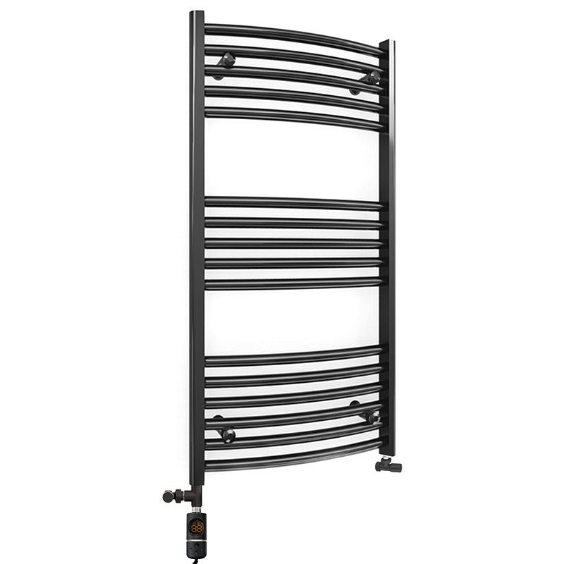 Small Dual Fuel 400mm x 900mm Matt Matt Black Curved Heated Towel Rail - (incl. Valves + Electric Heating Kit)