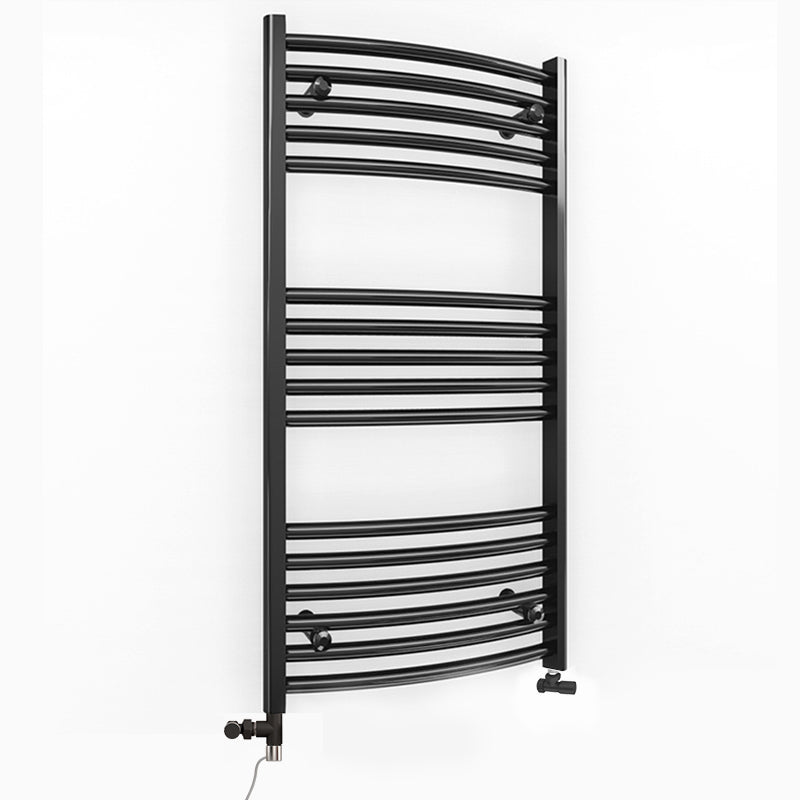Small Dual Fuel 400mm x 900mm Matt Matt Black Curved Heated Towel Rail - (incl. Valves + Electric Heating Kit)