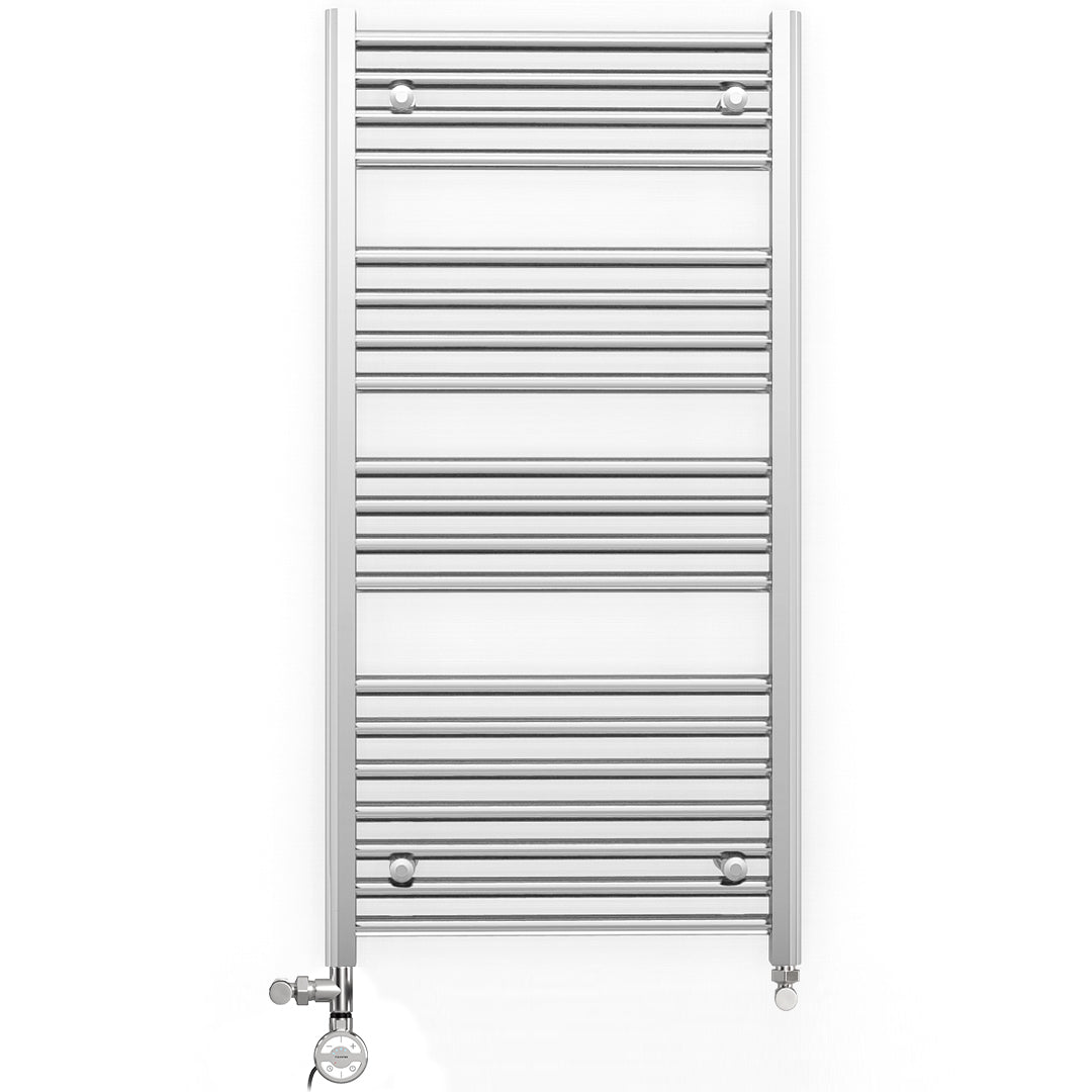 Dual Fuel 600mm x 1000mm Straight Chrome  Heated Towel Rail Radiator- (incl. Valves + Electric Heating Kit)