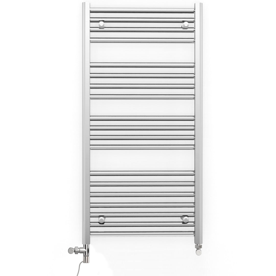 Dual Fuel 600mm x 1000mm Straight Chrome  Heated Towel Rail Radiator- (incl. Valves + Electric Heating Kit)