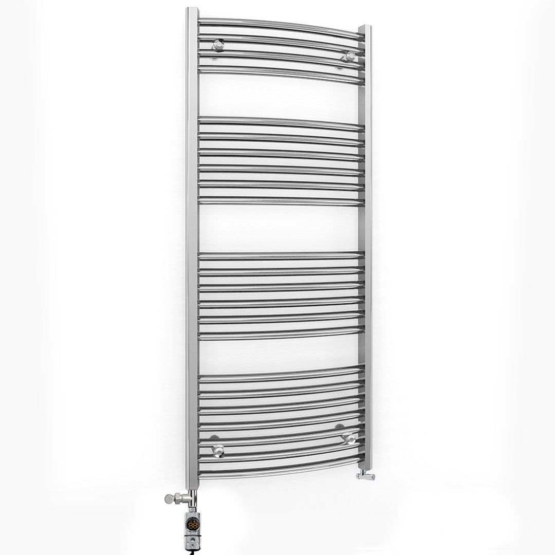 Dual Fuel 400mm x 1200mm Curved Chrome Heated Towel Rail Radiator- (incl. Valves + Electric Heating Kit)