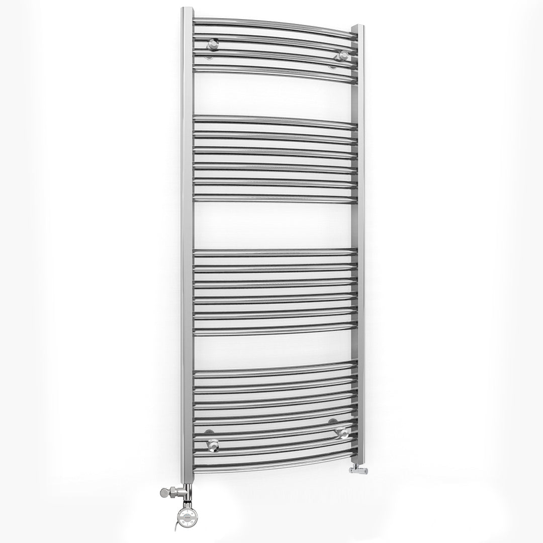 Dual Fuel 400mm x 1200mm Curved Chrome Heated Towel Rail Radiator- (incl. Valves + Electric Heating Kit)