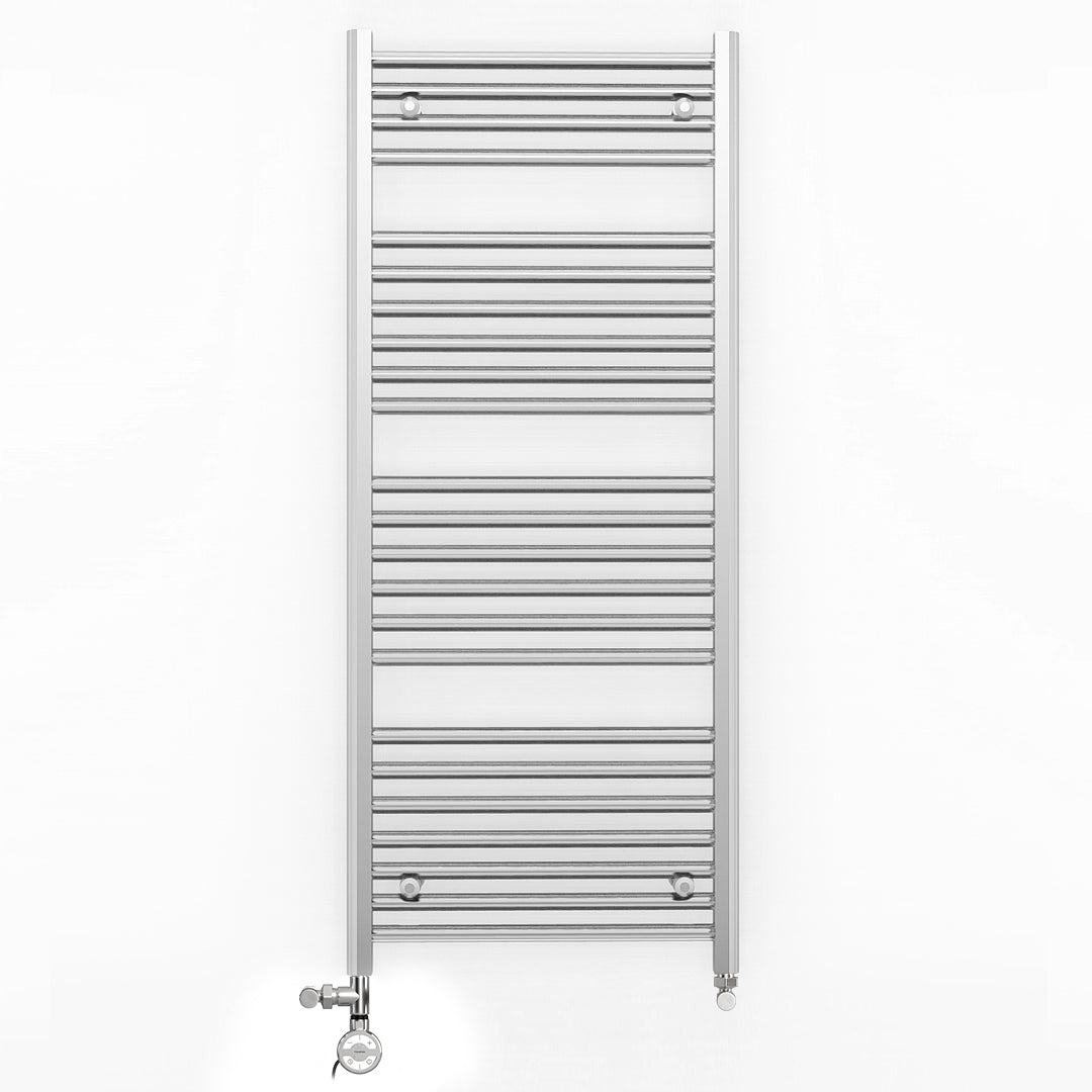 Dual Fuel 600mm x 1200mm Straight Chrome  Heated Towel Rail Radiator- (incl. Valves + Electric Heating Kit)