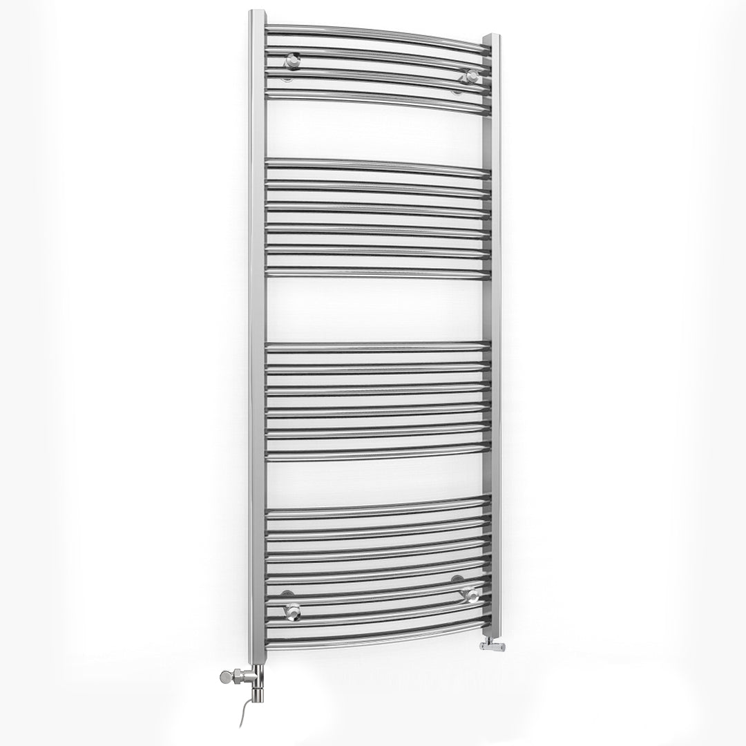Dual Fuel 400mm x 1200mm Curved Chrome Heated Towel Rail Radiator- (incl. Valves + Electric Heating Kit)