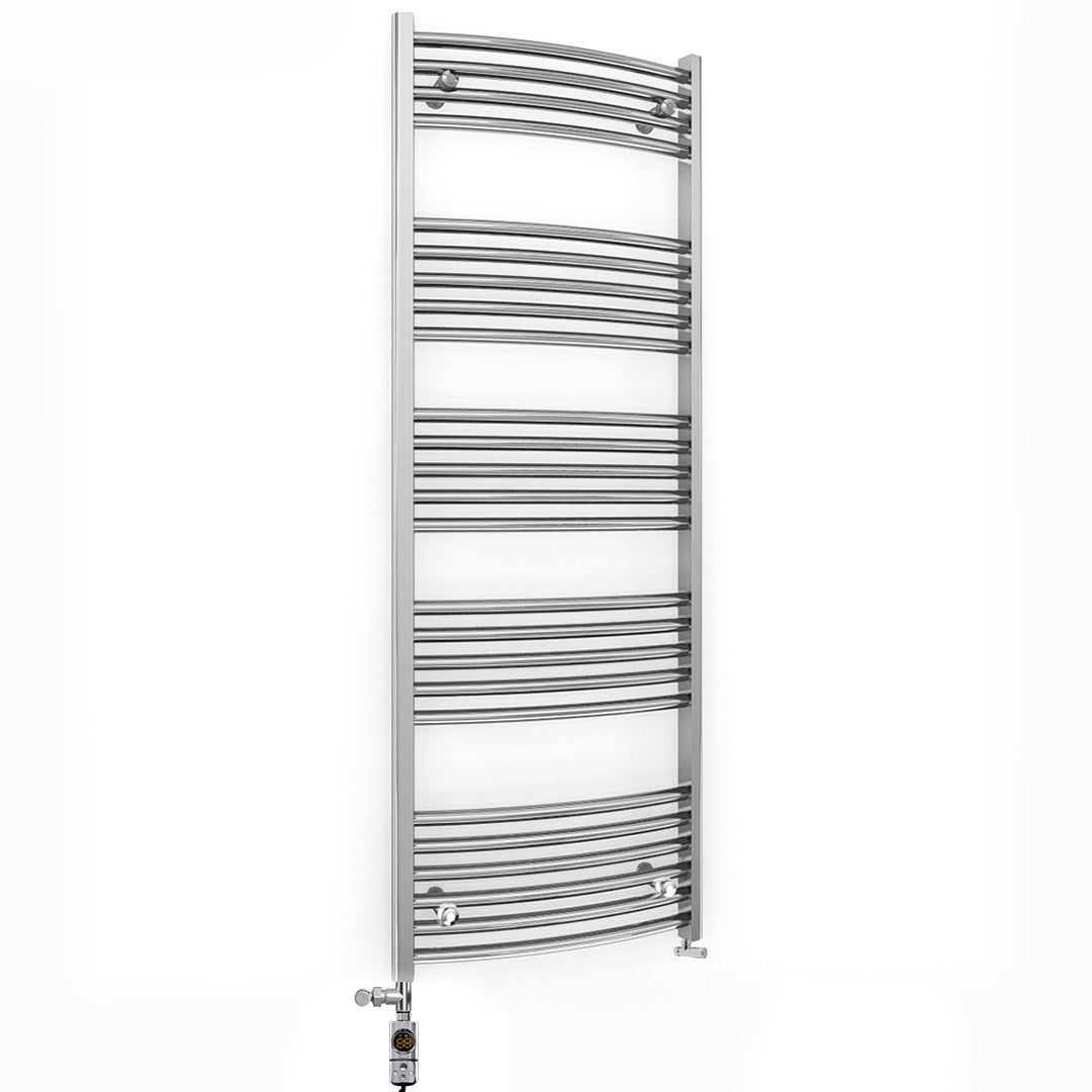 Dual Fuel 600mm x 1400mm Curved Chrome Heated Towel Rail Radiator- (incl. Valves + Electric Heating Kit)
