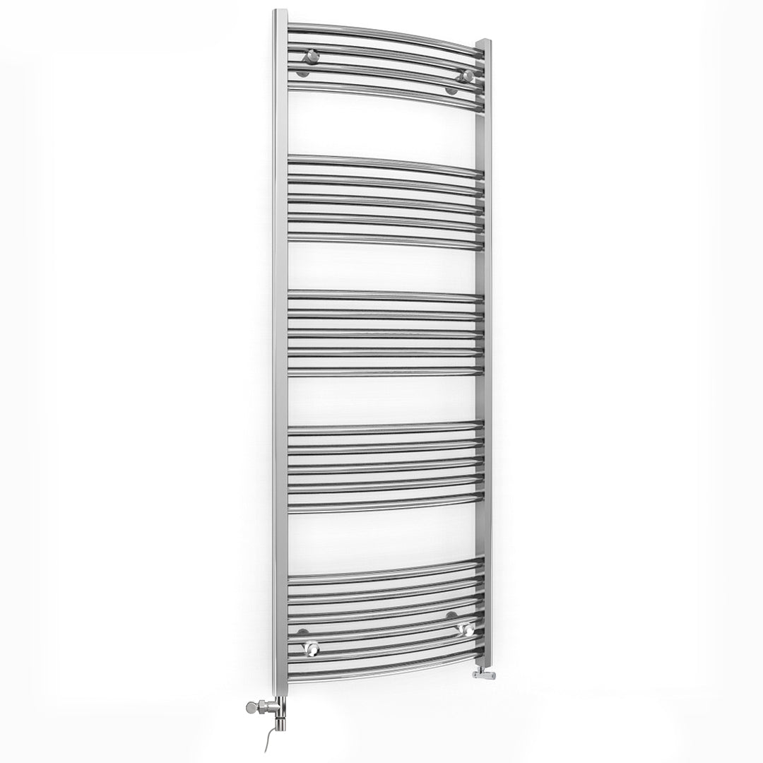 Dual Fuel 600mm x 1400mm Curved Chrome Heated Towel Rail Radiator- (incl. Valves + Electric Heating Kit)