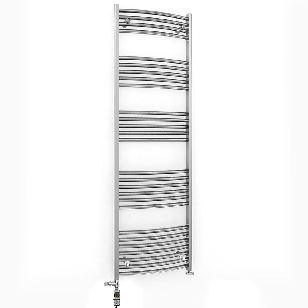 Dual Fuel 400mm x 1600mm Curved Chrome Heated Towel Rail Radiator- (incl. Valves + Electric Heating Kit)