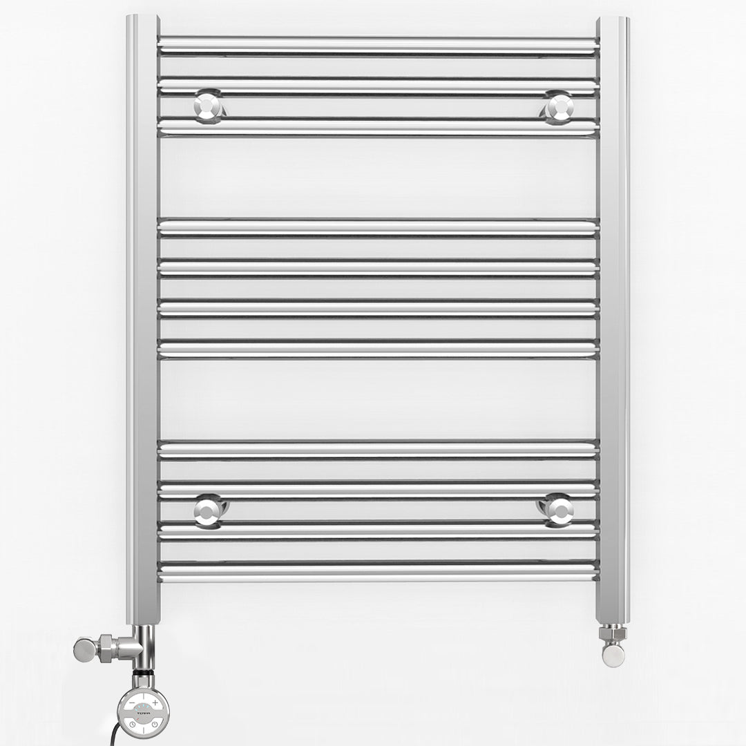 Small Dual Fuel 500mm x 600mm Straight Chrome  Heated Towel Rail Radiator- (incl. Valves + Electric Heating Kit)