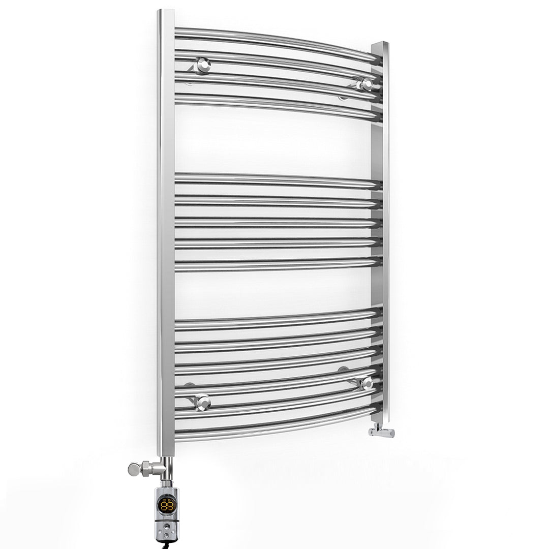 Dual Fuel 600mm x 800mm Curved Chrome Heated Towel Rail Radiator- (incl. Valves + Electric Heating Kit)