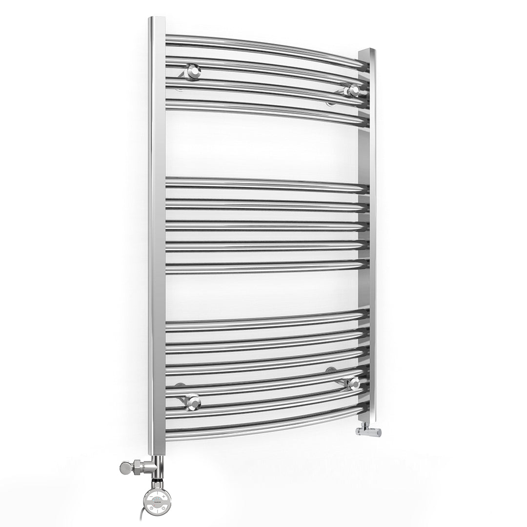 Small Dual Fuel 400mm x 800mm Curved Chrome Heated Towel Rail Radiator- (incl. Valves + Electric Heating Kit)