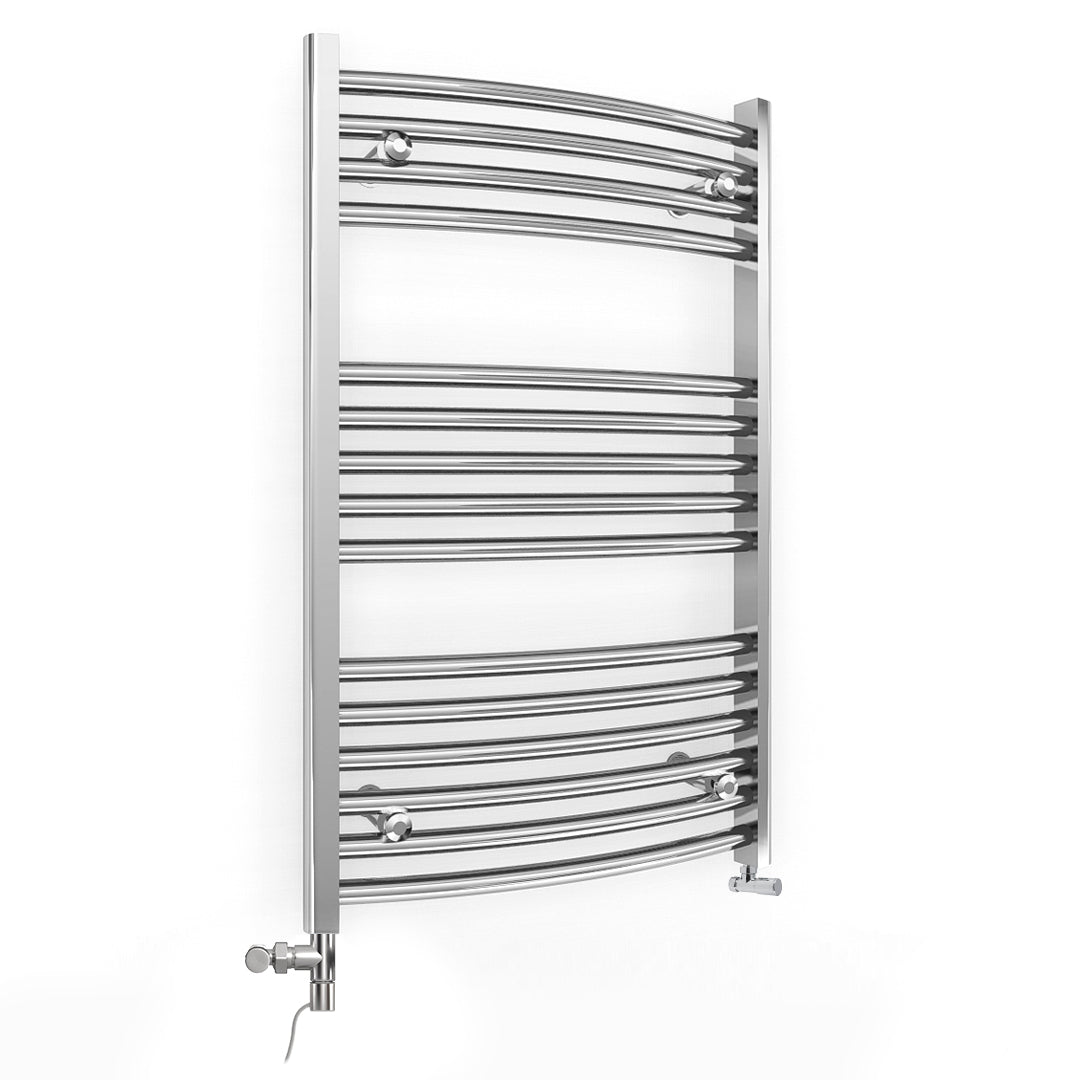 Dual Fuel 600mm x 800mm Curved Chrome Heated Towel Rail Radiator- (incl. Valves + Electric Heating Kit)