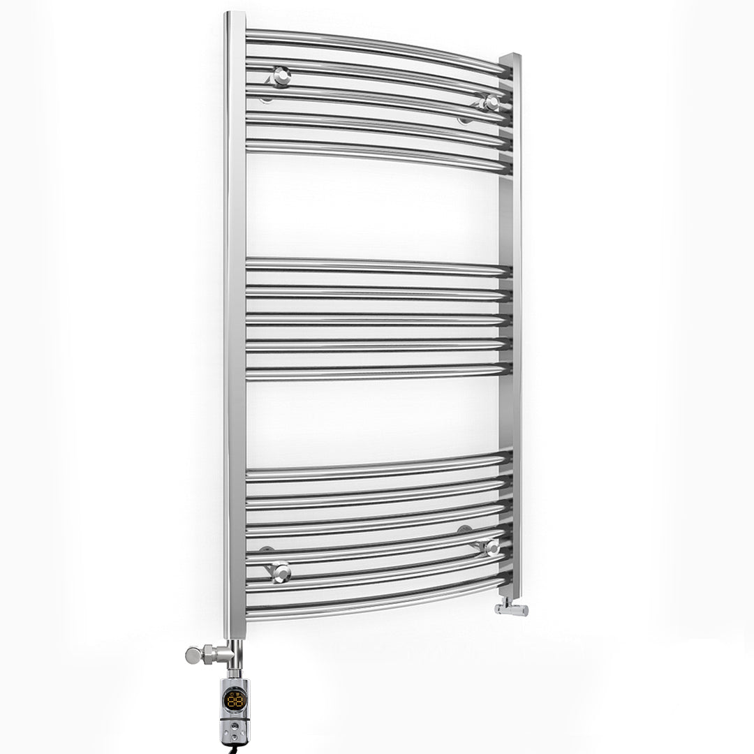 Dual Fuel 600mm x 900mm Curved Chrome Heated Towel Rail Radiator- (incl. Valves + Electric Heating Kit)