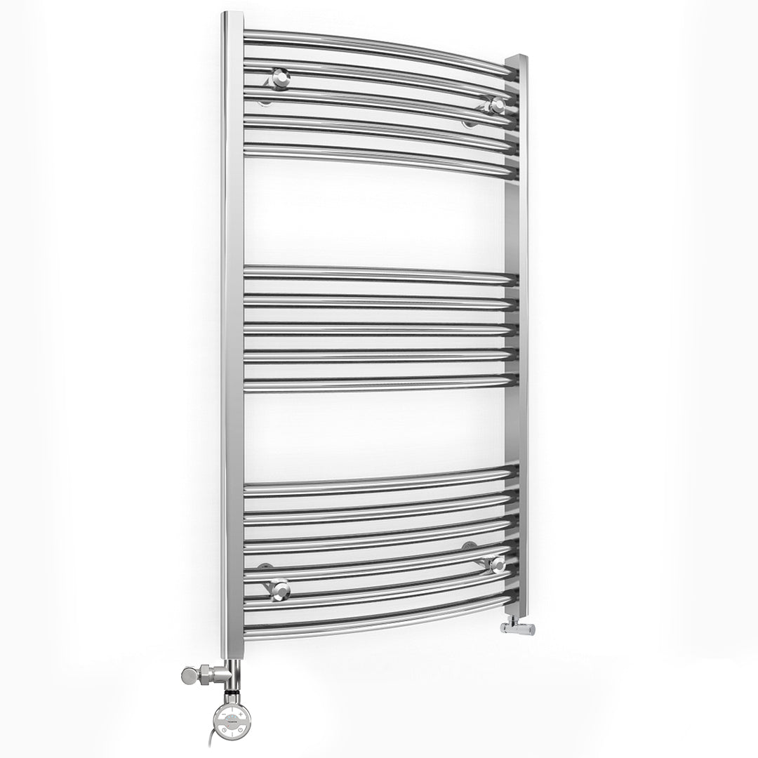 Dual Fuel 600mm x 900mm Curved Chrome Heated Towel Rail Radiator- (incl. Valves + Electric Heating Kit)