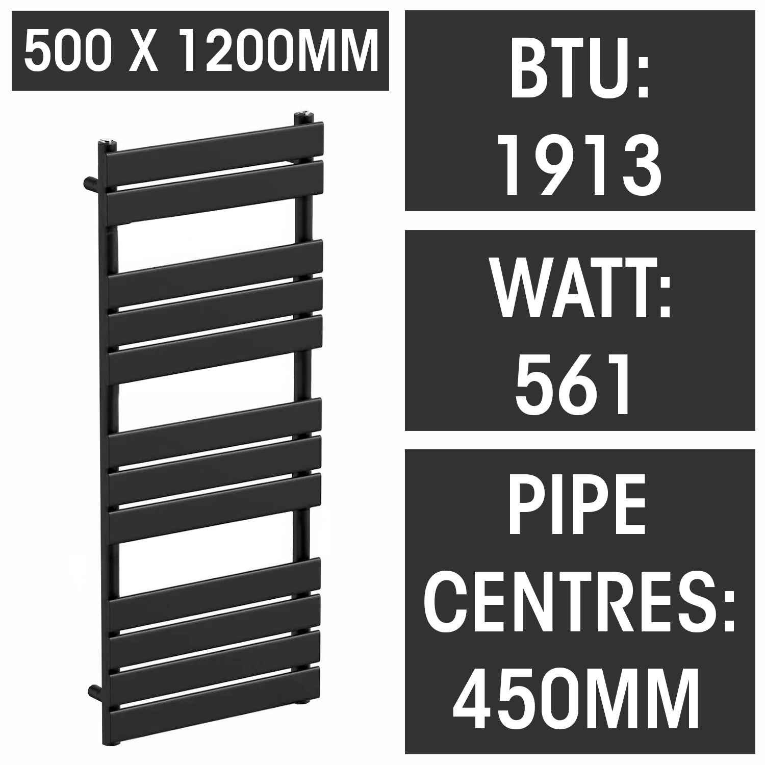 500mm Wide  x 1200mm Matt Black Designer Bathroom Electric Heated Panel Towel Rail Radiator