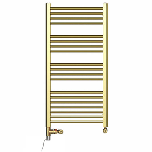 Dual Fuel 500mm x 1000mm Shiny Gold Heated Towel Rail Radiator- (incl. Valves + Electric Heating Kit)