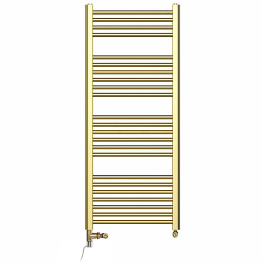 Dual Fuel 500mm x 1200mm Shiny Gold Heated Towel Rail Radiator- (incl. Valves + Electric Heating Kit)