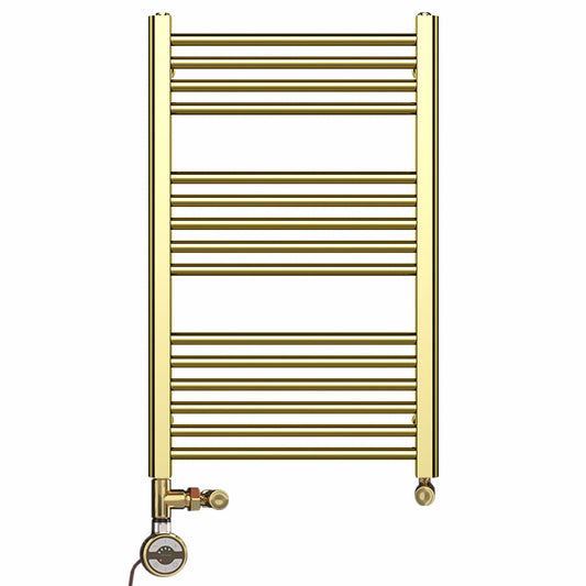 Small Dual Fuel 500mm x 800mm Shiny Gold Heated Towel Rail Radiator- (incl. Valves + Electric Heating Kit)