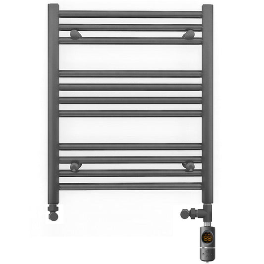 Small Dual Fuel 500mm x 600mm Straight Anthracite Grey Heated Towel Rail - (incl. Valves + Electric Heating Kit)