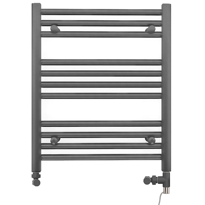 Small Dual Fuel 500mm x 600mm Straight Anthracite Grey Heated Towel Rail - (incl. Valves + Electric Heating Kit)