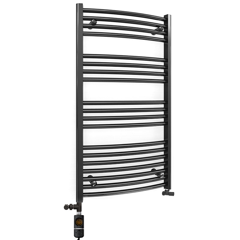 Dual Fuel 500mm x 1000mm Matt Matt Black Curved Heated Towel Rail - (incl. Valves + Electric Heating Kit)