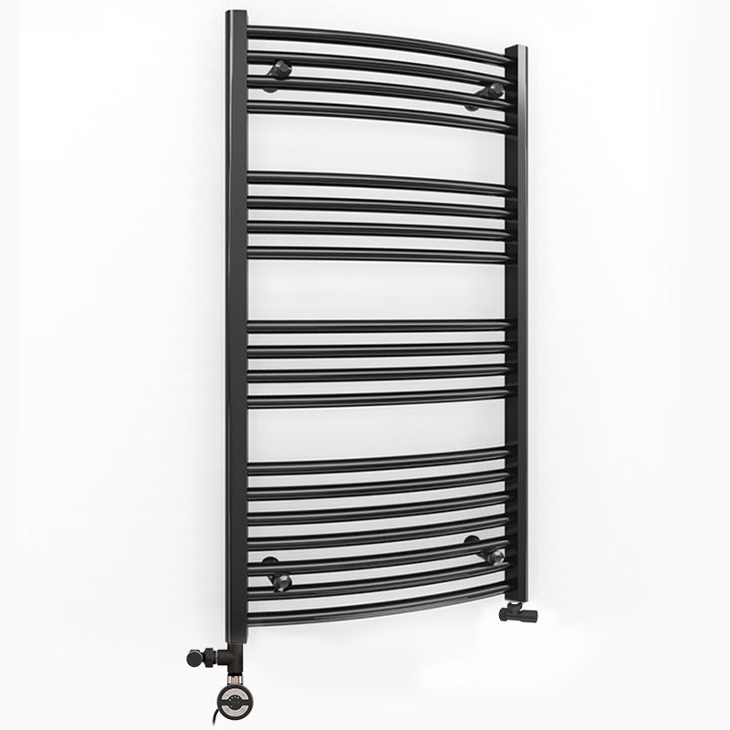 Dual Fuel 500mm x 1000mm Matt Matt Black Curved Heated Towel Rail - (incl. Valves + Electric Heating Kit)