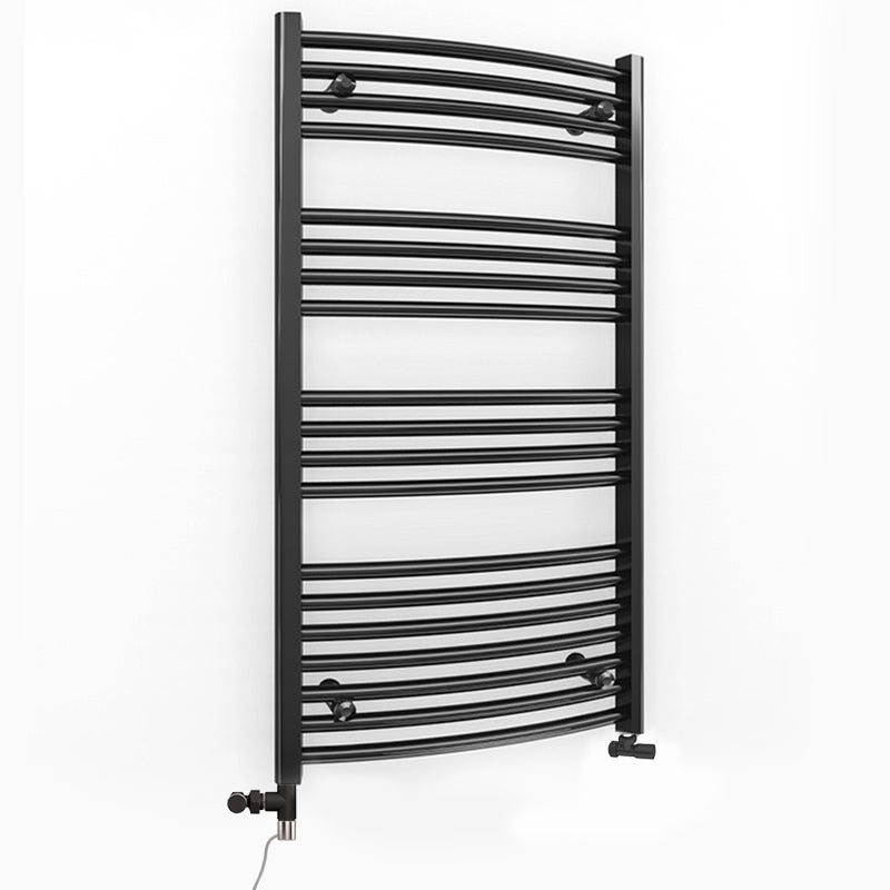 Dual Fuel 500mm x 1000mm Matt Matt Black Curved Heated Towel Rail - (incl. Valves + Electric Heating Kit)