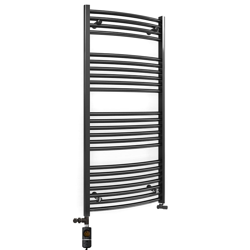 Dual Fuel 500mm x 1200mm Matt Matt Black Curved Heated Towel Rail - (incl. Valves + Electric Heating Kit)