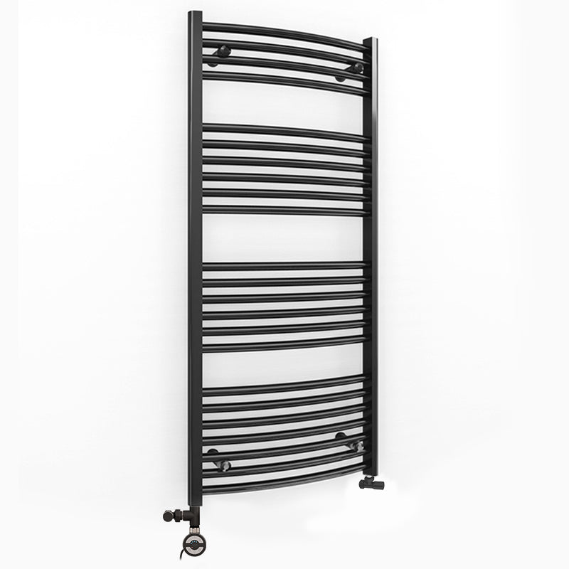 Dual Fuel 500mm x 1200mm Matt Matt Black Curved Heated Towel Rail - (incl. Valves + Electric Heating Kit)