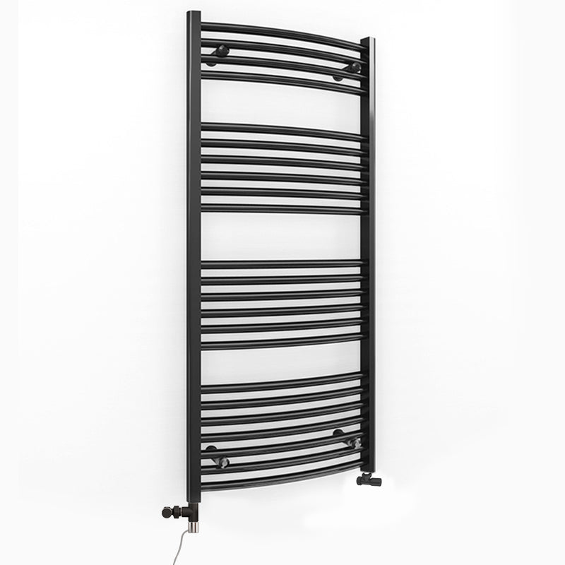 Dual Fuel 500mm x 1200mm Matt Matt Black Curved Heated Towel Rail - (incl. Valves + Electric Heating Kit)