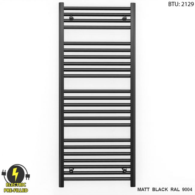 550mm x 1200mm Straight Matt Black Electric Pre-Filled Heated Towel Rail Radiator