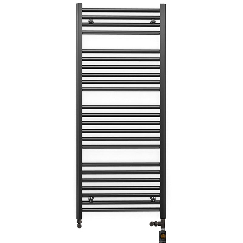 Dual Fuel 550mm x 1200mm Straight Matt Matt Black Heated Towel Rail - (incl. Valves + Electric Heating Kit)