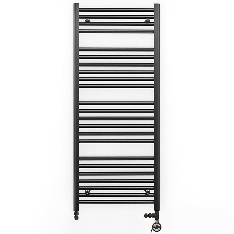 Dual Fuel 500mm x 1200mm Straight Matt Matt Black Heated Towel Rail - (incl. Valves + Electric Heating Kit)