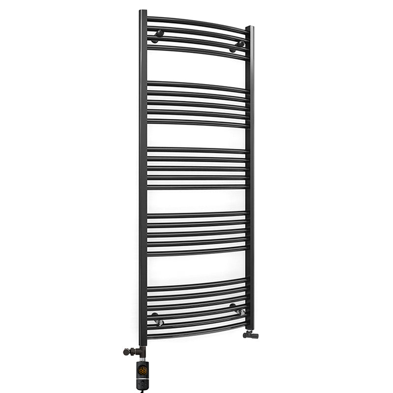 Dual Fuel 500mm x 1400mm Matt Matt Black Curved Heated Towel Rail - (incl. Valves + Electric Heating Kit)