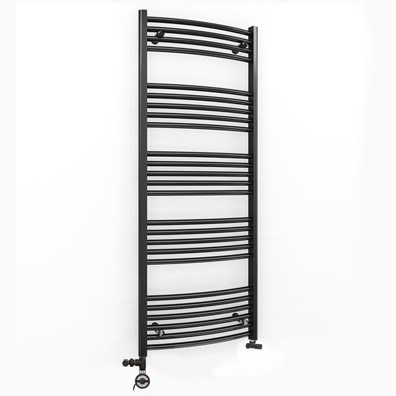 Dual Fuel 500mm x 1400mm Matt Matt Black Curved Heated Towel Rail - (incl. Valves + Electric Heating Kit)