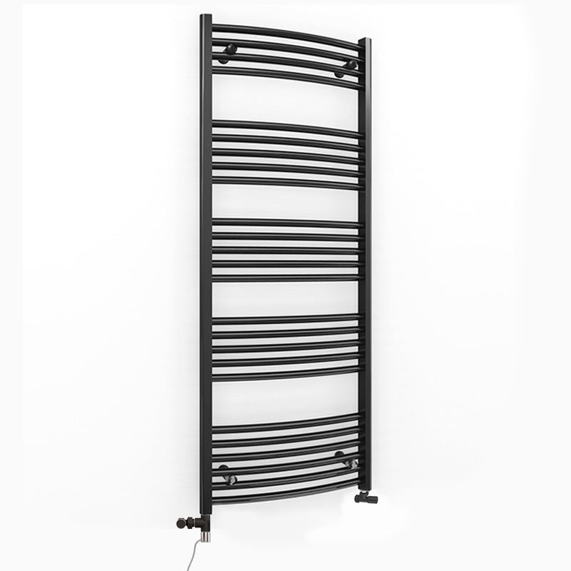 Dual Fuel 500mm x 1400mm Matt Matt Black Curved Heated Towel Rail - (incl. Valves + Electric Heating Kit)