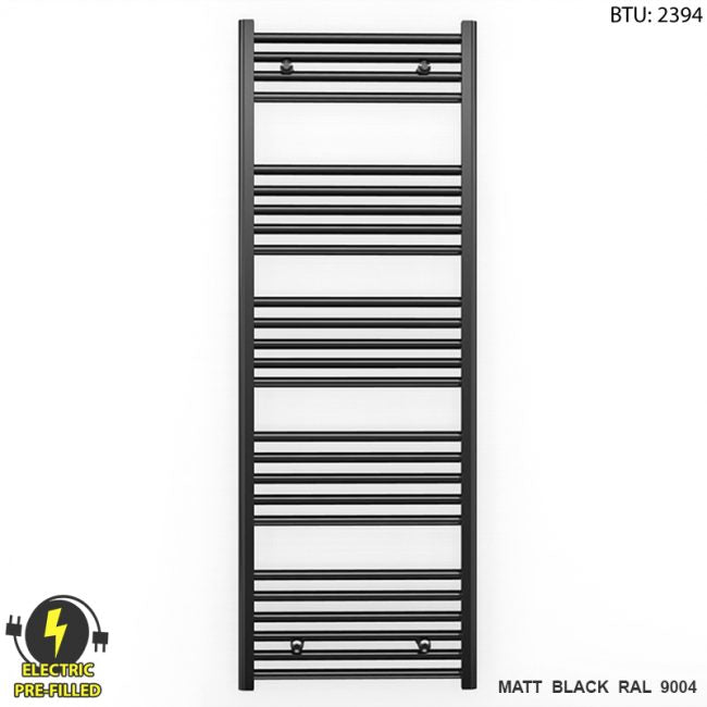 550mm x 1400mm Straight Matt Black Electric Pre-Filled Heated Towel Rail Radiator