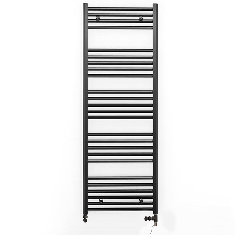 Dual Fuel 600mm x 1400mm Straight Matt Matt Black Heated Towel Rail - (incl. Valves + Electric Heating Kit)