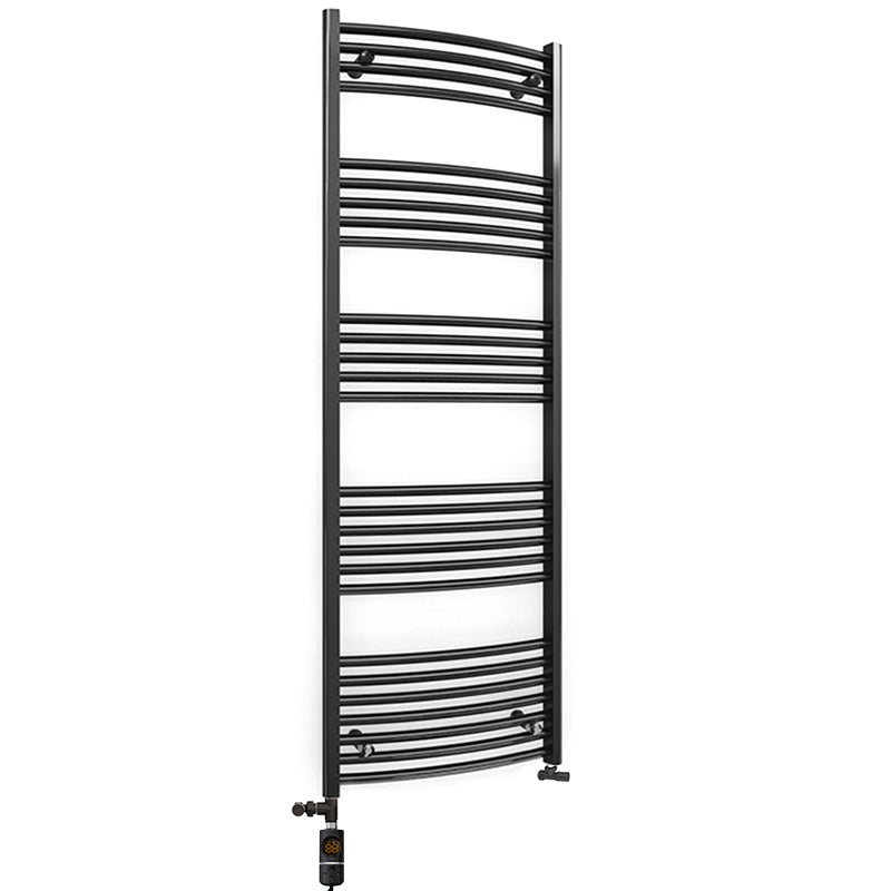 Dual Fuel 500mm x 1600mm Matt Matt Black Curved Heated Towel Rail - (incl. Valves + Electric Heating Kit)