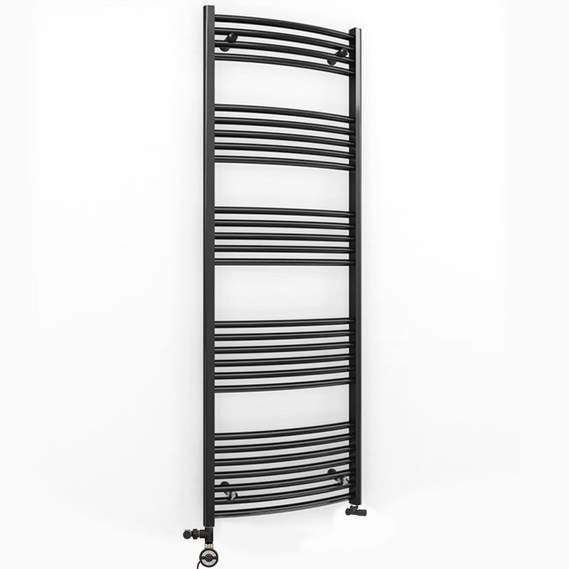 Dual Fuel 500mm x 1600mm Matt Matt Black Curved Heated Towel Rail - (incl. Valves + Electric Heating Kit)