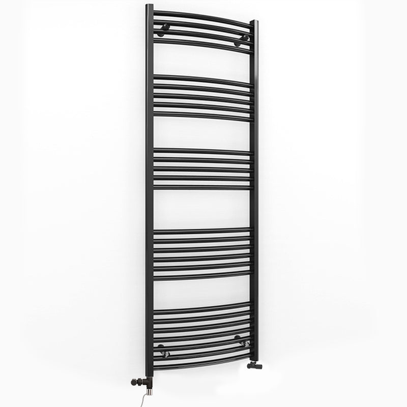 Dual Fuel 500mm x 1600mm Matt Matt Black Curved Heated Towel Rail - (incl. Valves + Electric Heating Kit)