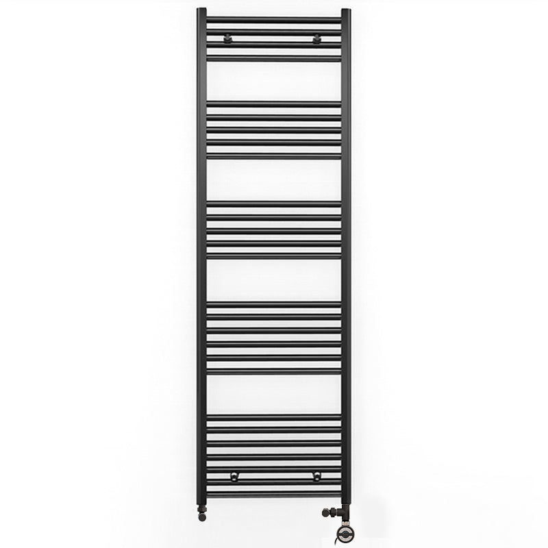 Dual Fuel 500mm x 1600mm Straight Matt Matt Black Heated Towel Rail - (incl. Valves + Electric Heating Kit)