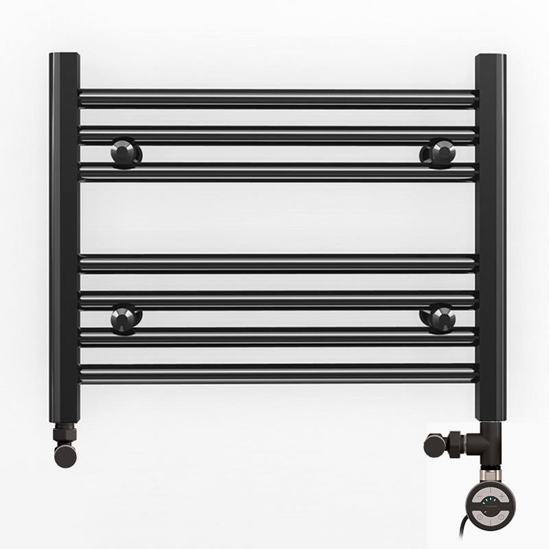 Dual Fuel 600mm x 400mm Straight Matt Matt Black Heated Towel Rail - (incl. Valves + Electric Heating Kit)