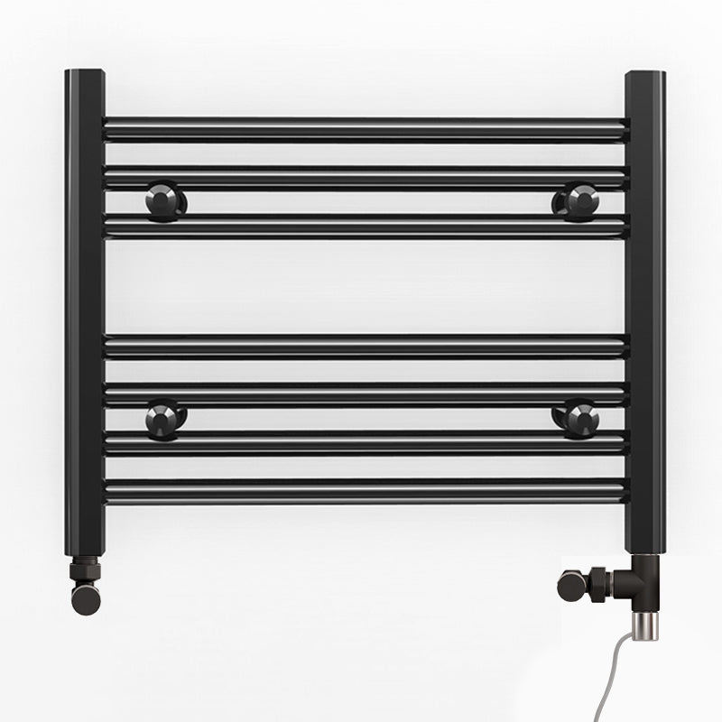 Dual Fuel 600mm x 400mm Straight Matt Matt Black Heated Towel Rail - (incl. Valves + Electric Heating Kit)
