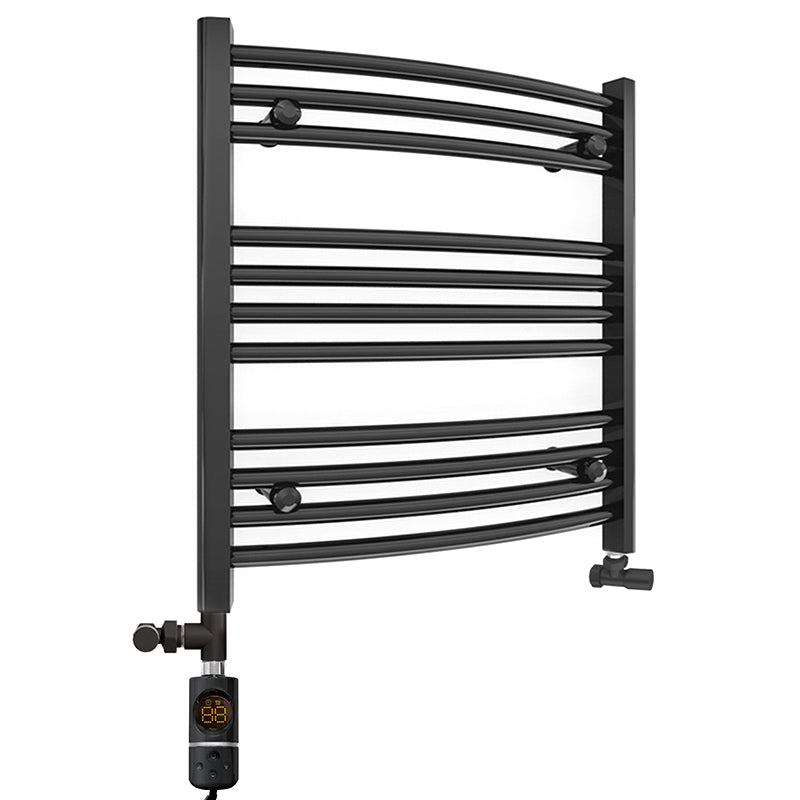 Small Dual Fuel 500mm x 600mm Matt Matt Black Curved Heated Towel Rail - (incl. Valves + Electric Heating Kit)