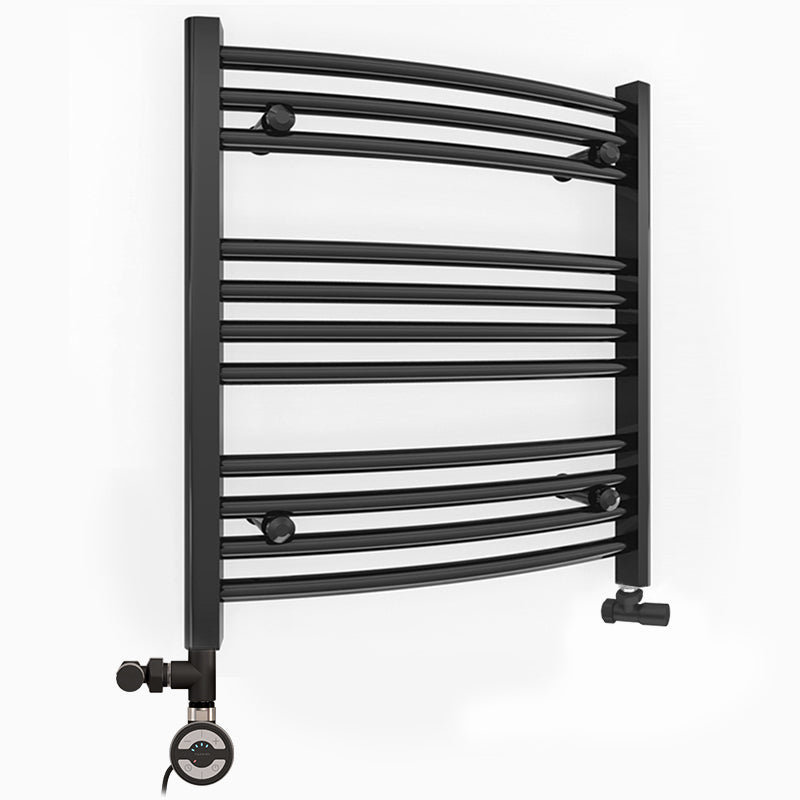 Small Dual Fuel 500mm x 600mm Matt Matt Black Curved Heated Towel Rail - (incl. Valves + Electric Heating Kit)